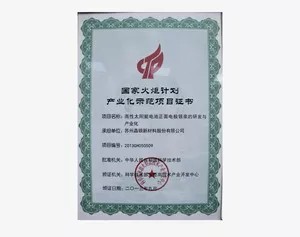 国家火炬计划产业示范项目证书